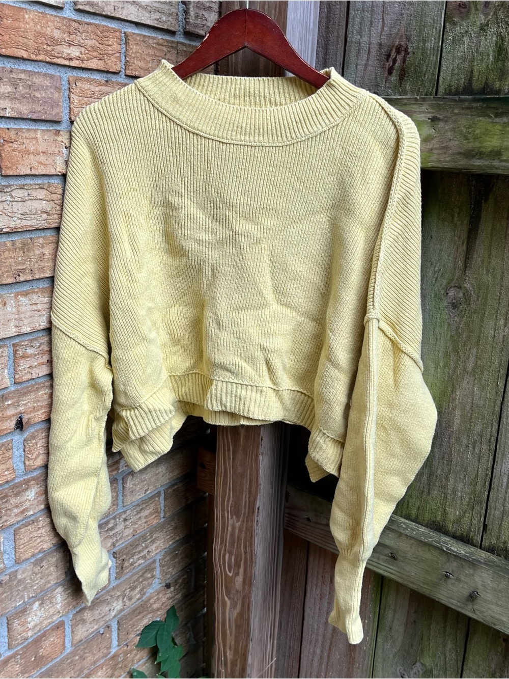 Free People Cropped Ribbed Crewneck Sweater in Pale Yellow